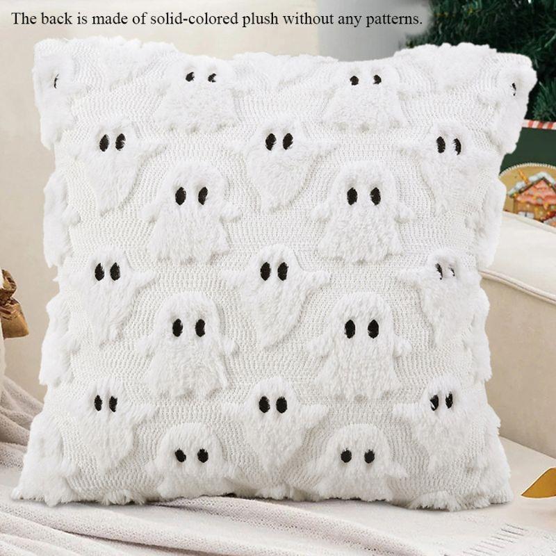 Pumpkin Ghost Pillow Cover Halloween Fun Plush Pillowcase Washable Square Orange Pumpkin Lantern Pillow Protective Covers