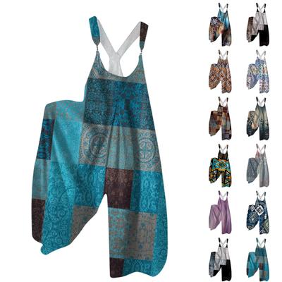 Damen Sommer Trägerhose Blumenprint Vintage Jumpsuit, Nicht verstellbare Träger,