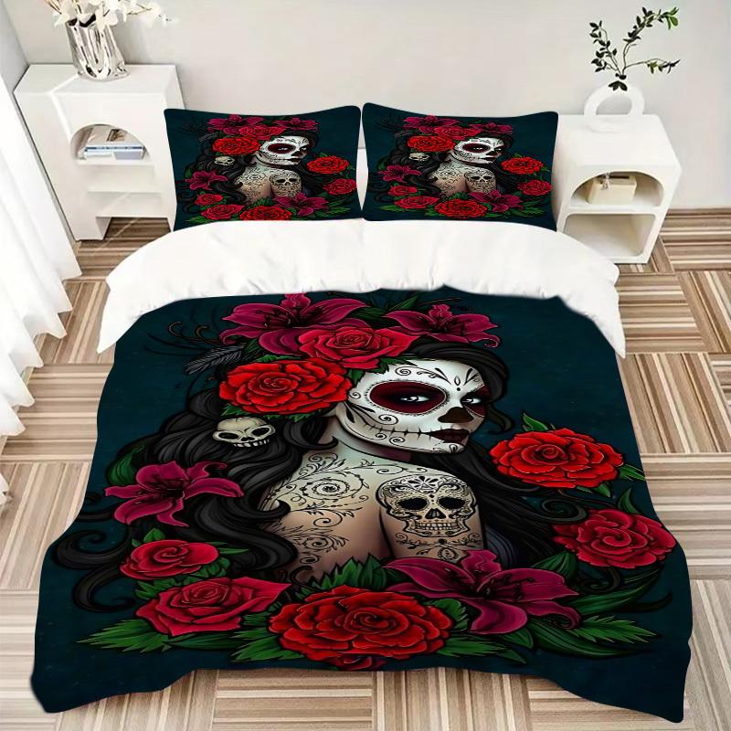 3pcs Sugar Skull Duvet Cover Set, Soft Comfortable Duvet Cover,Guest Room (1*Duvet Cover + 2*Pillowcase, Without Core) yy251104162