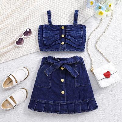 Summer Children's Denim Bow Strappy Pleated Skirt Set for Girls