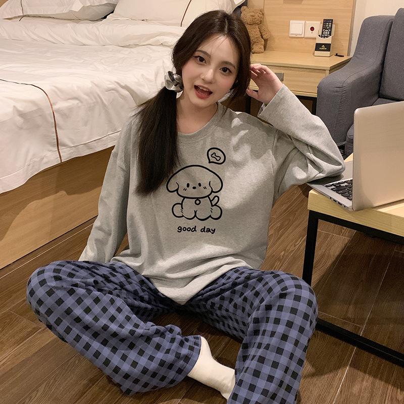 

Весна и осень Женская пижама Домашняя одежда Девочки Хлопок Длинные рукава Брюки Мультфильм Милая Студенческая пижама M