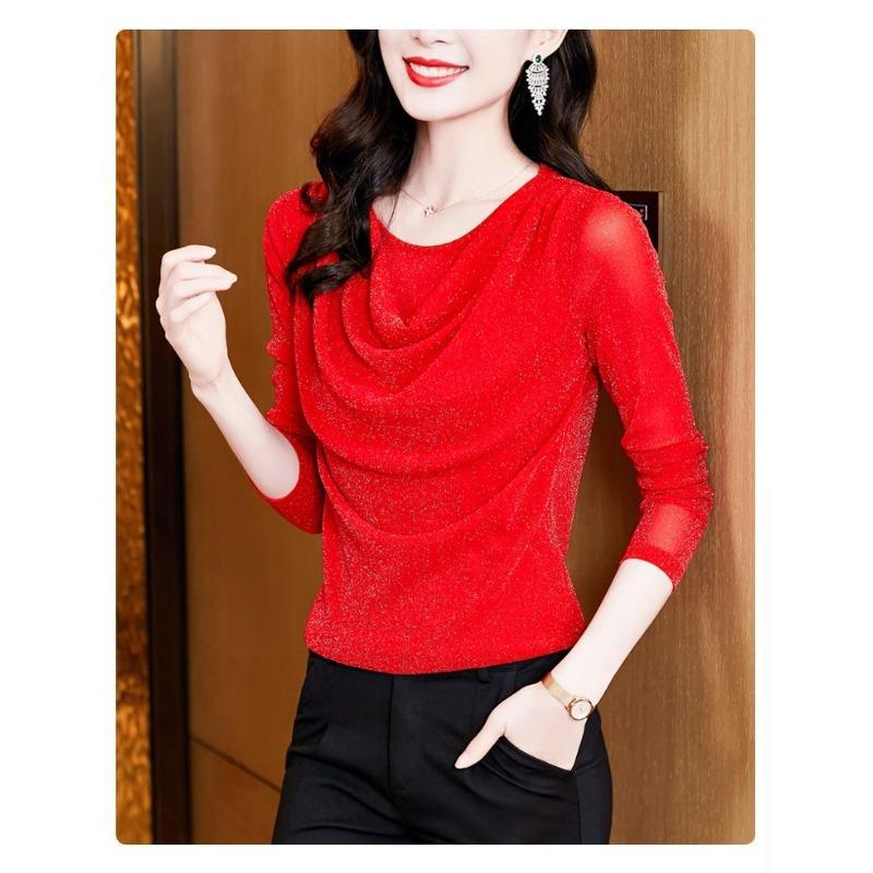 

Pile Collar Lace Bottoming Shirt for Women Long-sleeved Spring and Autumn Fashionable Mesh T-shirt Top L червоний