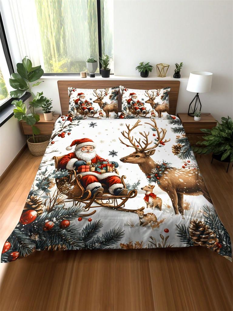 2/3ks Vánoční stromek Dárek Vzor sněhové vločky Sob Santa Claus Měkká sada povlaku na peřinu Vhodná do ložnice, pokoje pro hosty