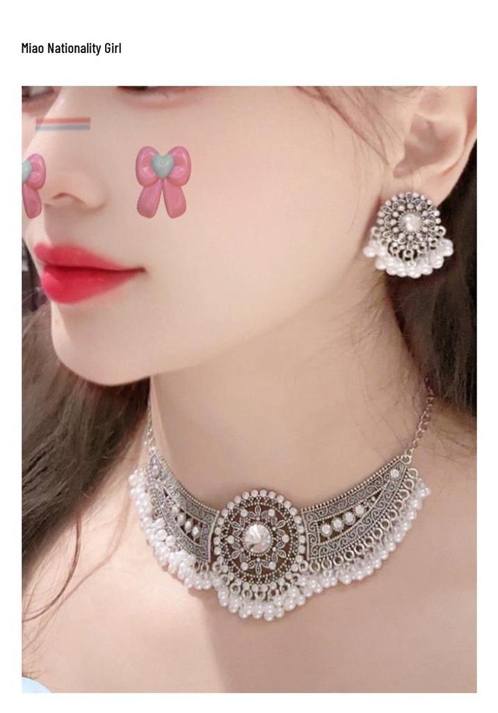 "Miao Girl" Ancient Style Light Luxury Necklace & Earrings Set for Women
