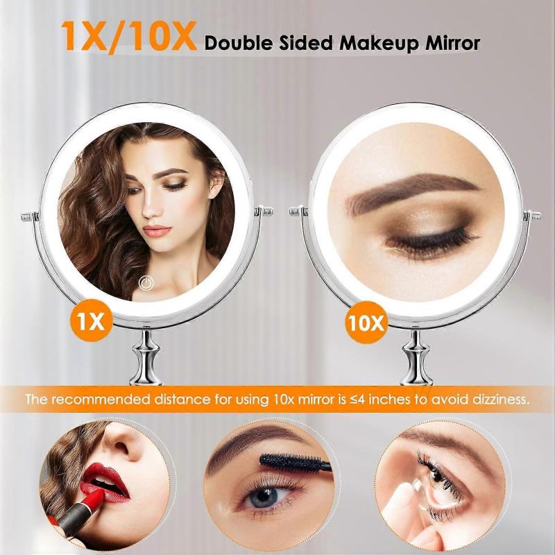 Lighted Makeup Mirror 8 Inch Double Sided 1X 10X Magnification LED 3 Color Rechargeable Adjustable