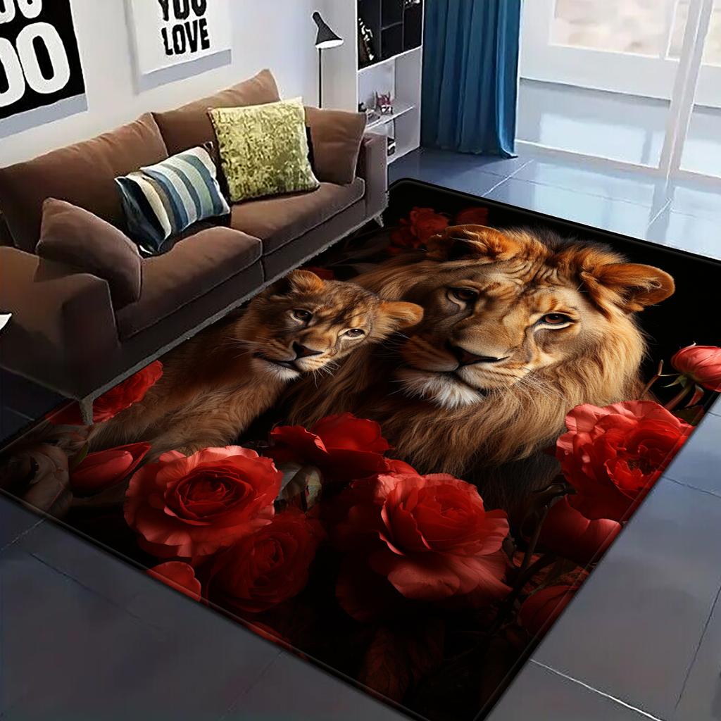 Romantic Rose & Lion Couple Rug – Square Dual-Lion Design Carpet for Bedroom or Living Room Indoor Decor