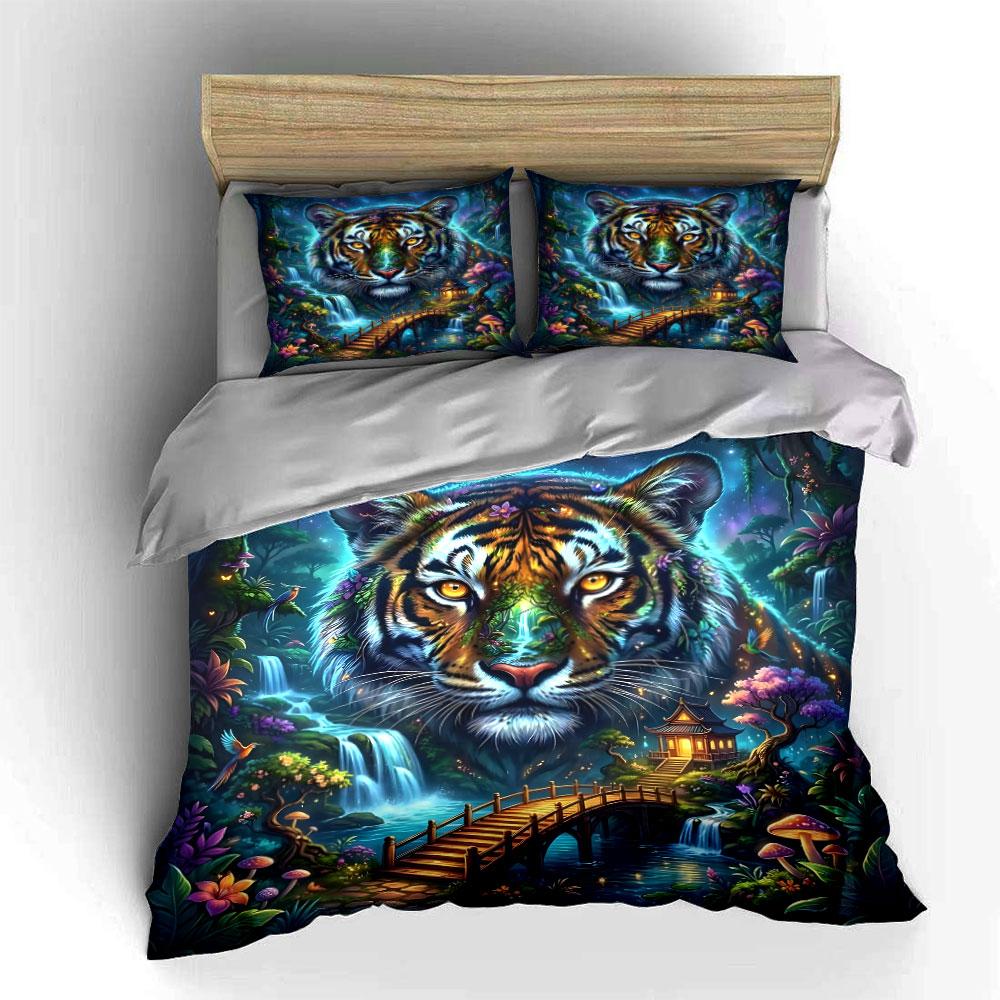 Mystical Tiger Forest Design Bedding Duvet Cover Set (1*Duvet Cover 2*Pillowcases, Without Duvet Insert)