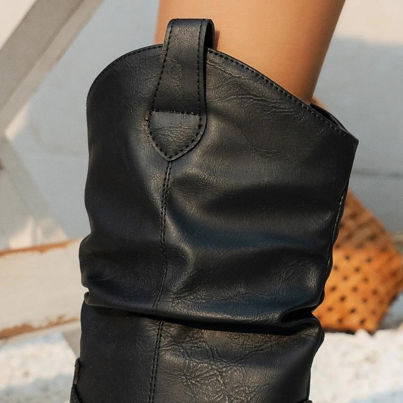 Westernové kovbojské boty pro ženy Podzim Zima Retro Špičatá špička Hrubé podpatky Volánkové kozačky do půli lýtek z PU kůže Žena Velké velikosti