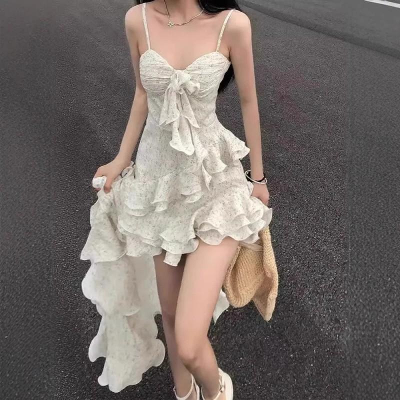 French Temperament Suspender Dress Fairy Seaside Vacation Women Irregular Ruffled Long