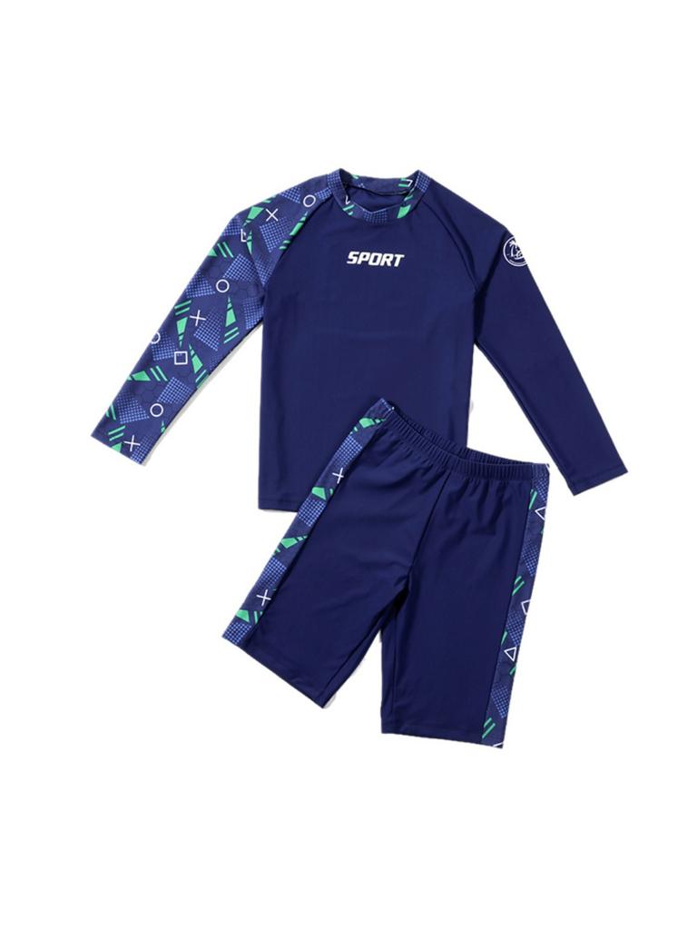 Boys Two-Piece Swimwear Set Long Sleeve Rash Guard and Swim Shorts Lightweight Quick Drying UV Protection Swimwear for Kids