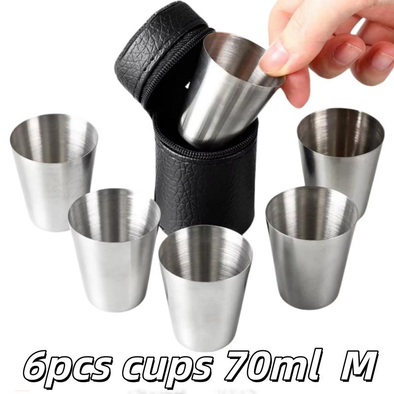 4/6pcs Portable Stainless Steel Cup Set With Leather Cover Bag For Outdoor Travel Party Camping Whiskey Cups Home Kitchen Bar