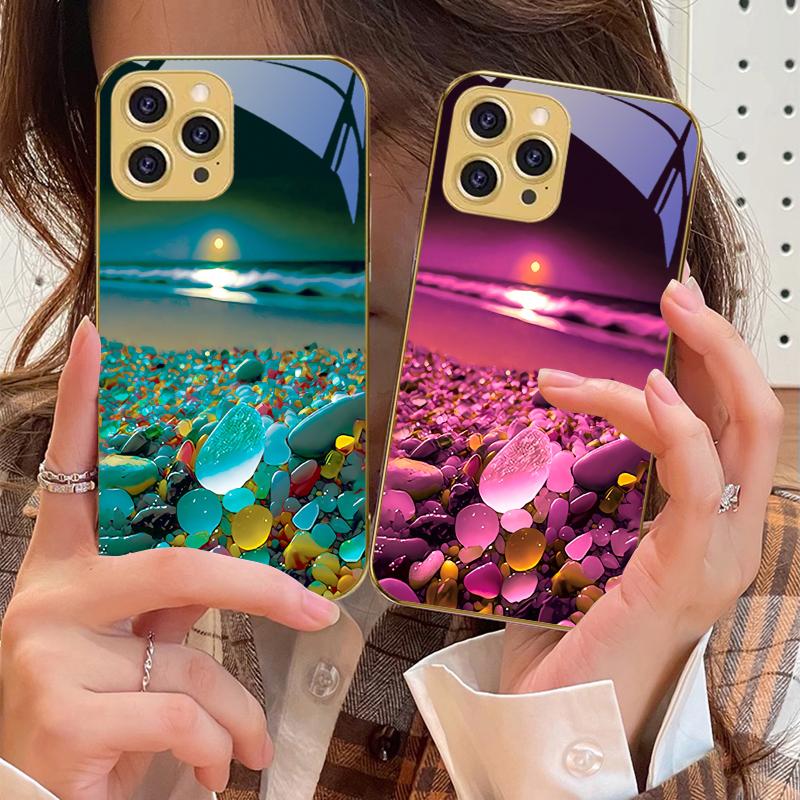 Färgglad stensjöstrand För IPhone 16 16Pro Max 15 P ro 14 13 Plus 12 Mini 11Pro Max XS Max XR Guld härdat glas mobilskal