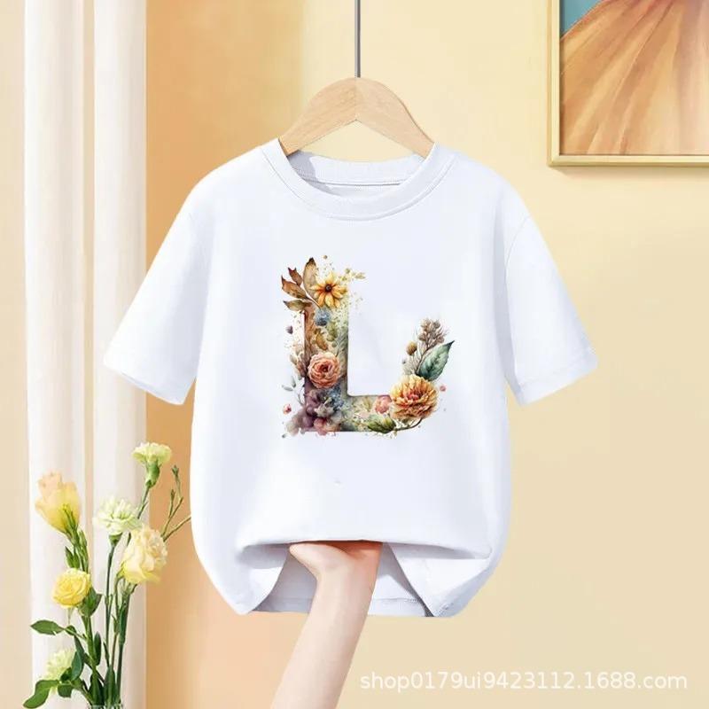 Floral AZ Kids Tshirt 26 Letters Cute ABCD Cartoon Short Sleeve Tee for Girls Summer Fashion Polyester Fabric