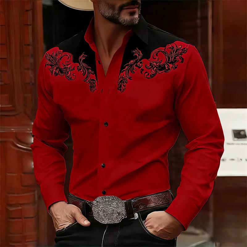 Camisa de Manga Larga para Hombre Estilo Vaquero Occidental Estampado de Bloques de Color Blanco y Negro, Top Casual de Moda Retro, Tejido de Alta Calidad