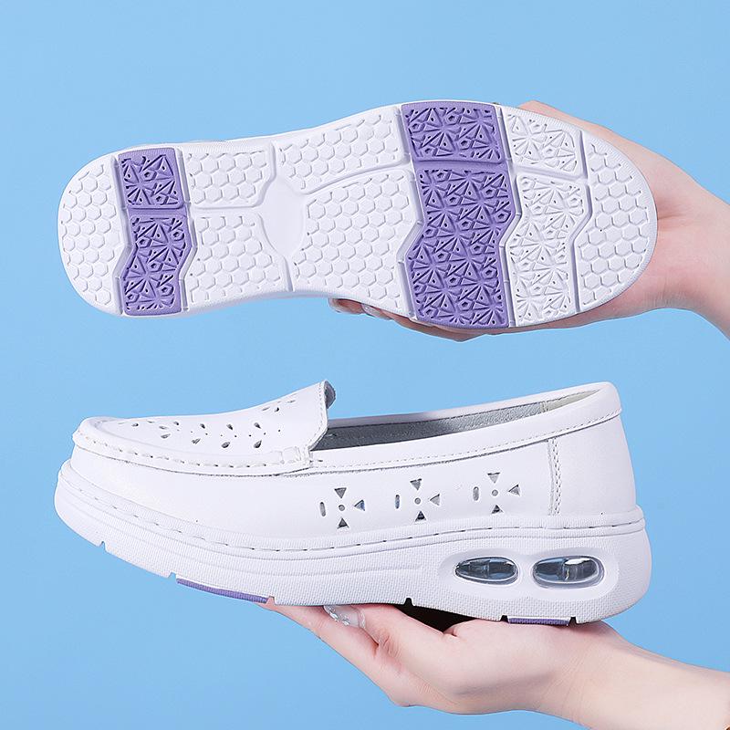 Summer Non-Slip Leather Nurse Shoes: Double Air Cushion, Thick Soft Sole, Breathable, Comfortable for Medical Work