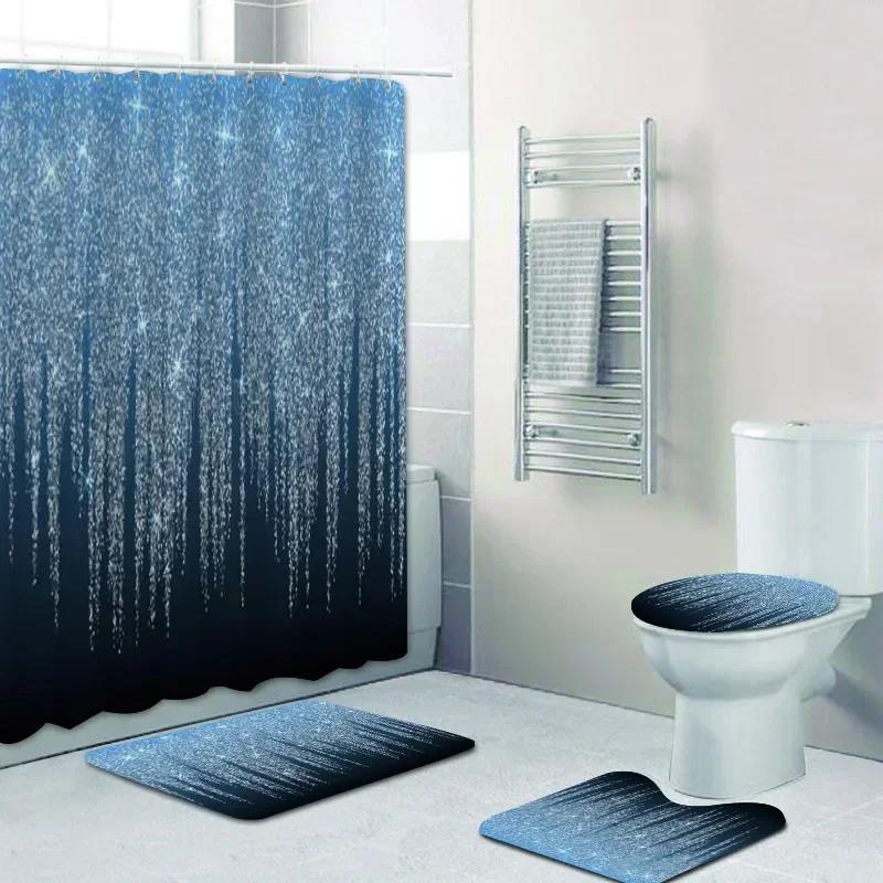 Stylish Black Silver Falling Glitter Confetti Dust Explosion Bathroom Curtains Shower Curtain Set Grey Sparkling Bath Rugs Decor