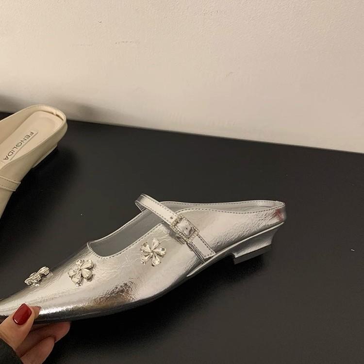 French rhinestone Mary Jane half slippers thick heel women's shoes spring and summer new silver bag head cool slippers Korean version single shoes