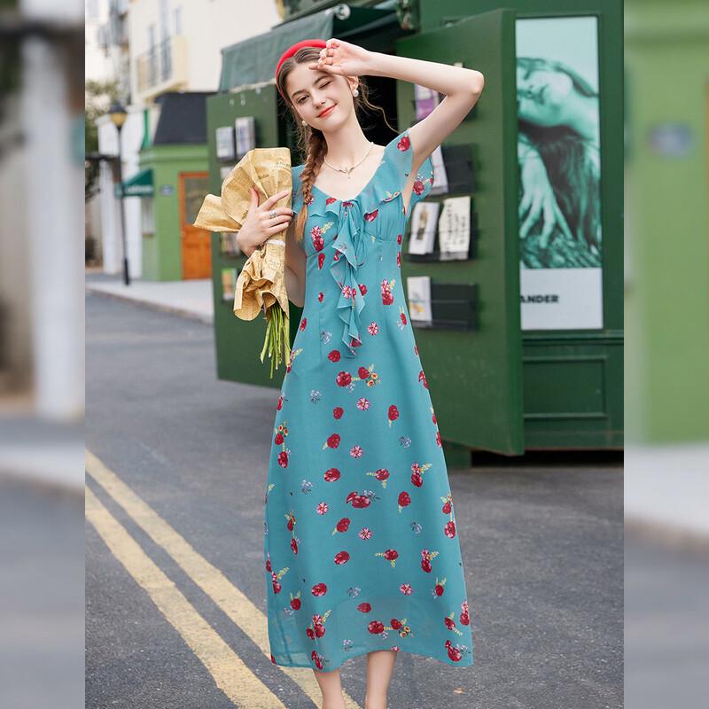 French Style Ruffle Square Neck Printed Long Dress XL