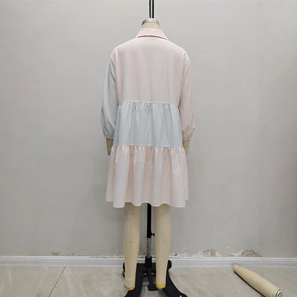 Women's Spring Summer Pink Blue Color Block Stripe Shirt Dress Lapel Collar Lantern Sleeve Patchwork Ruffle Hem Loose Casual Mini Dress