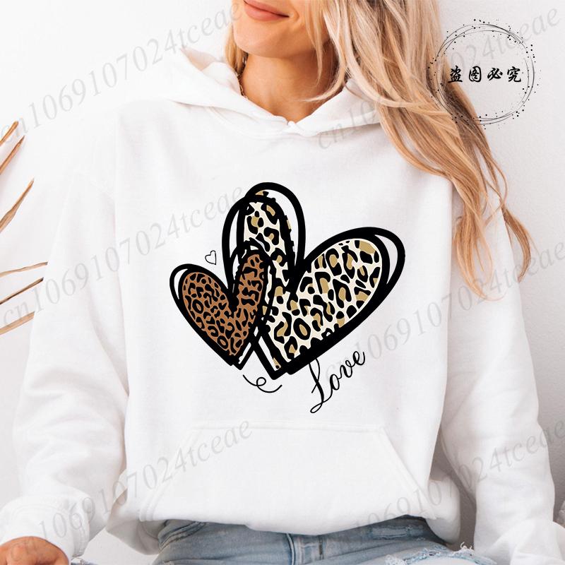 Women Hoodies Tops Funny Heart Leopard Print Hoodie Fashion Clothing Casual Female Sweatshirts Heart Leopard Fashion Streetwear