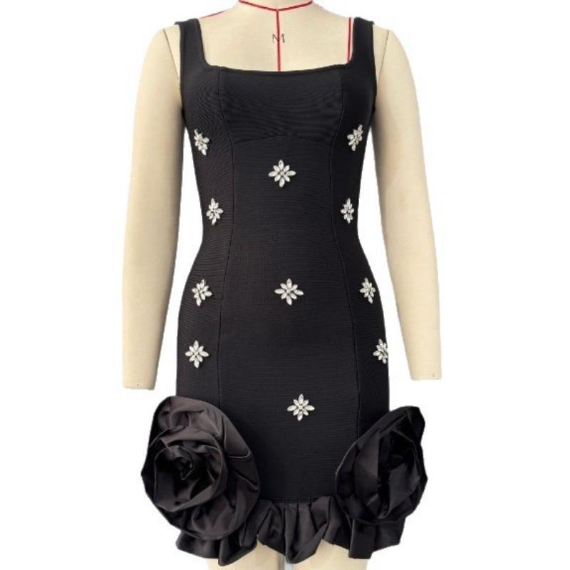 New sexy sling spike diamond hip skirt bandage dress ruffled evening dress short skirt women's clothing