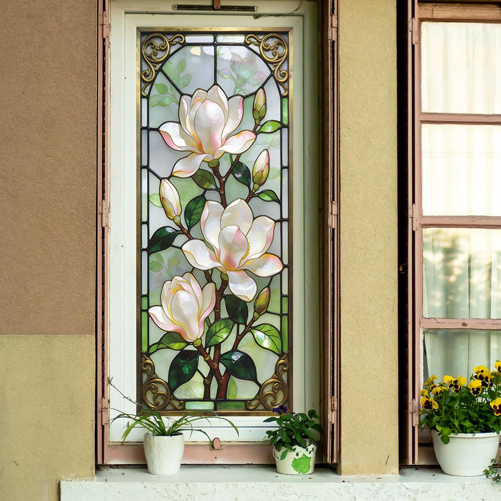Painted Vintage White Magnolia Flower Outdoor Balcony Glass Display Window Sticker