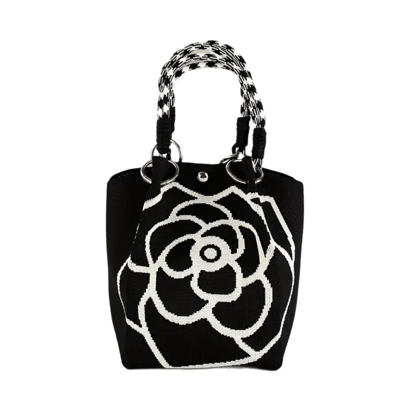 Fashion Flowers Knit Handbag Women Shoulder Bag Color Contrast Portable Ladies Beach Handbag Shopping Tote