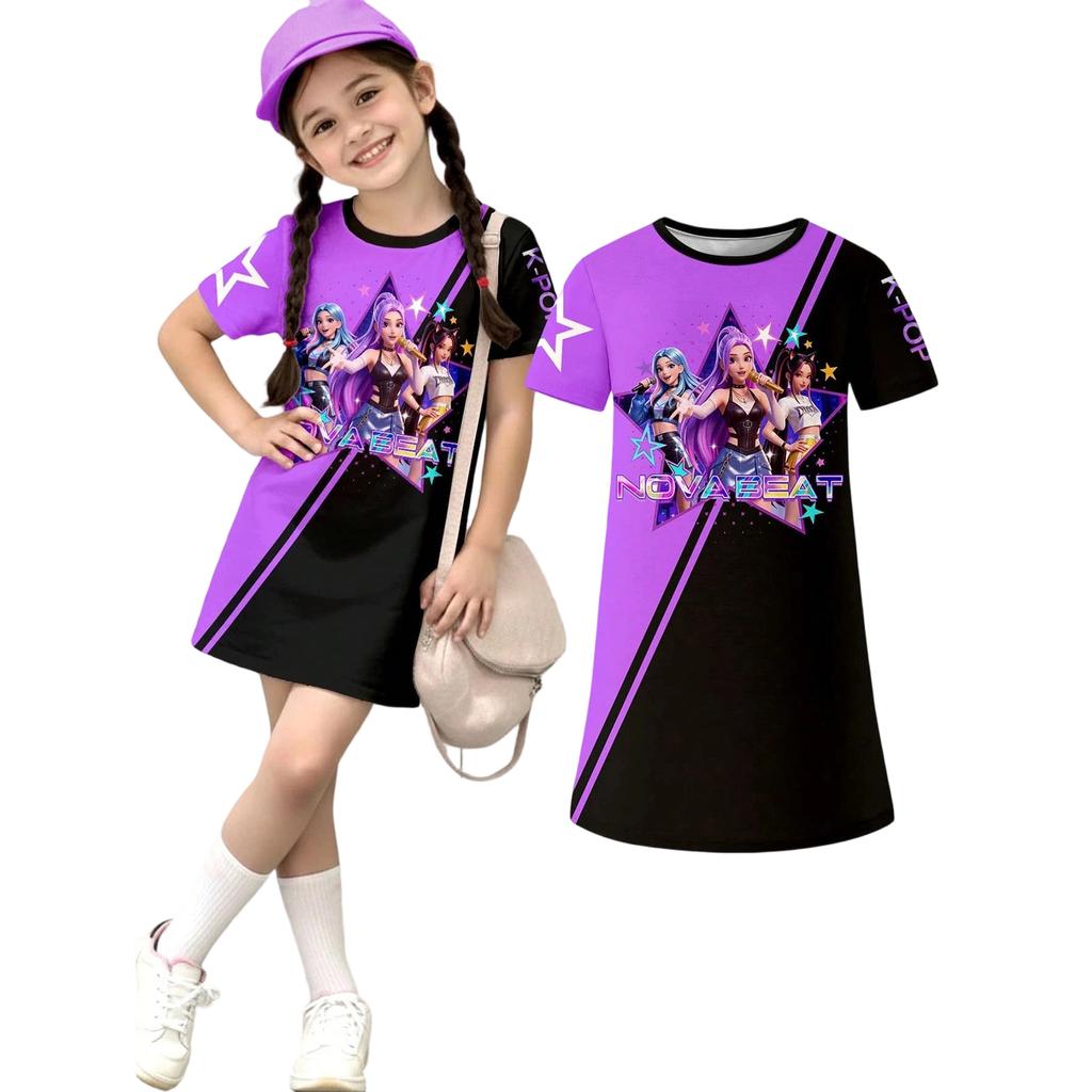Girls Print Casual Dress Kids Loose Round Neck Short Sleeve Thin Sundress