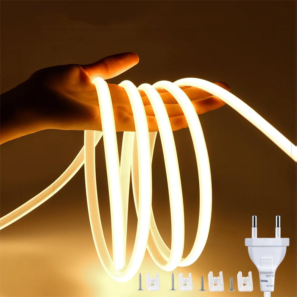 220V COB LED Strip Light EU Power Plug IP67 Buckle Fixation LED Strip Lamp Flexible COB Linear Light Bar 3000K 4000K 6000K 1-21m