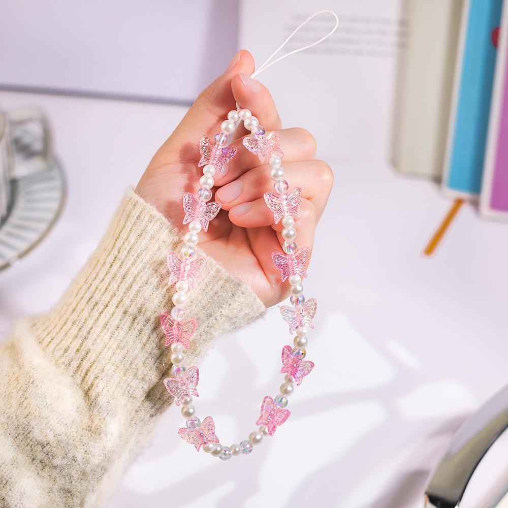 Pink Butterfly Pearl Bow Phone Chain Anti-Lost Bracelet For Mobile Phone Case Wrist Strap Lanyard Phone Keychain Portable Chain