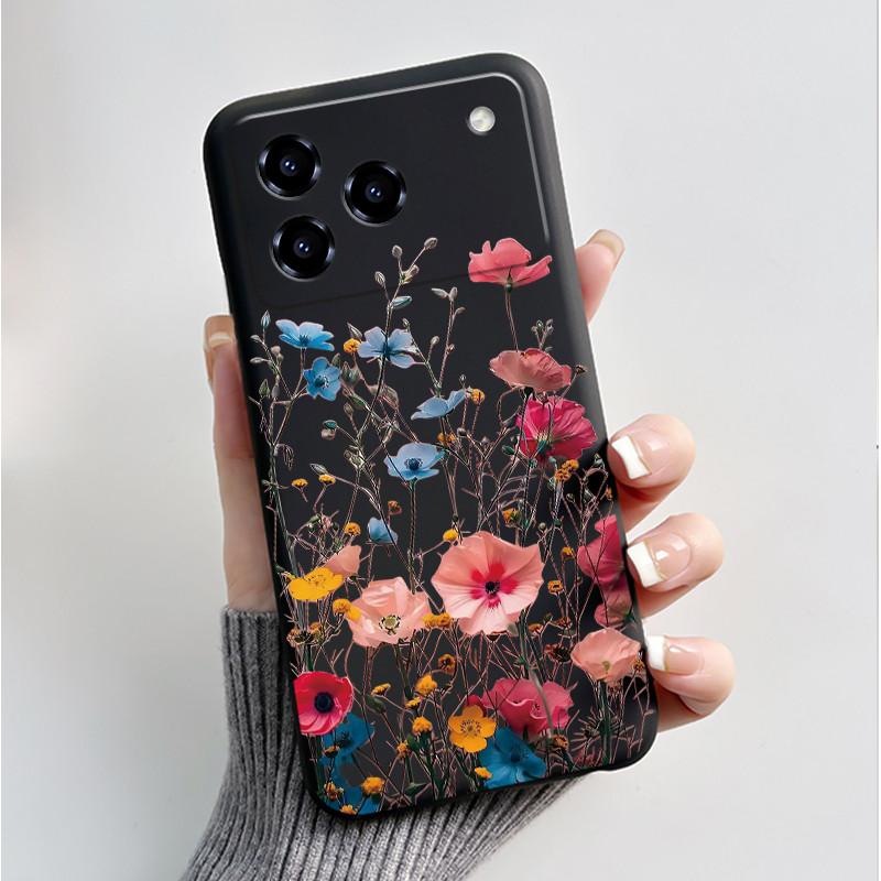 Printing Pattern Case For ZTE Blade A76 4G Z2474 Soft Silicone Black Shell Cover Cute Flower Cartoon Casing