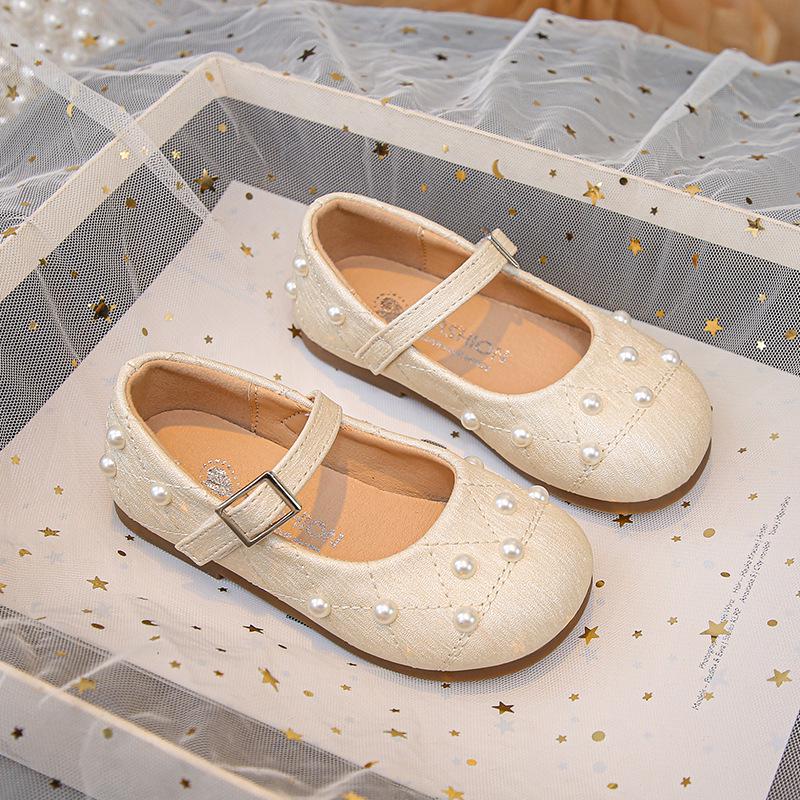 Girls' Black Soft-Soled Leather Mary Janes with Pearls - New 2026 Spring/Autumn Ballet Performance & Casual Shoes