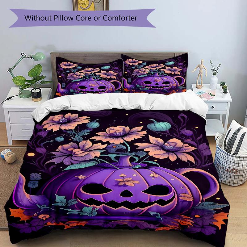 

3pcs Purple Pumpkin Halloween Elements Quilt Set Soft and Comfortable Bedroom, and Dorm Decor Bedding Set 1 Quilt Cover + 2 Pillowcases.N080 135x200cm