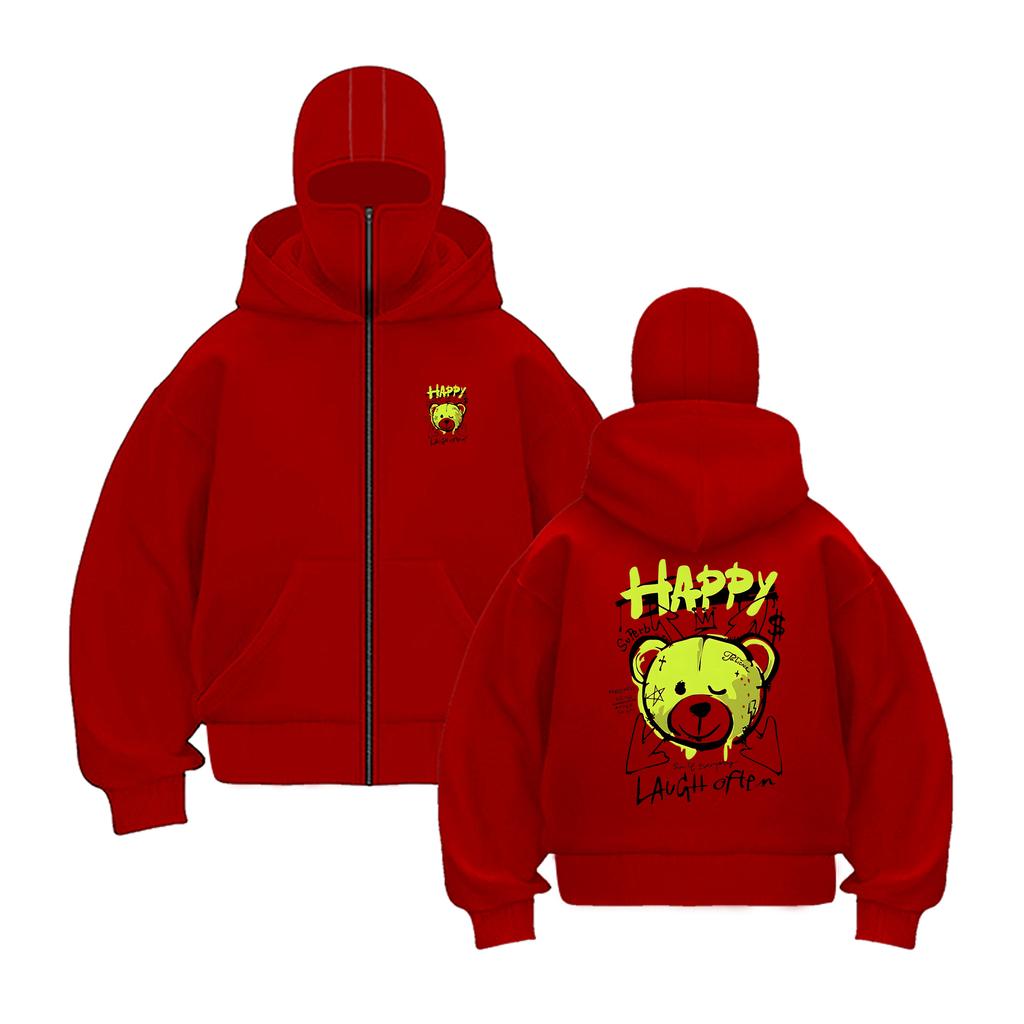 Blue Happy Bear Slogan zipper Hoodies For Male Creative Casual Hoody Sport Cartoons Sweatshirts Pocket All-Match Mens Pullovers