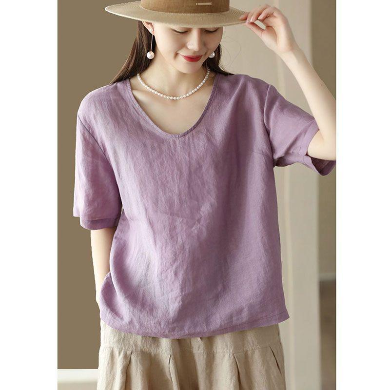 

Женский ретро топ из хлопка и льна больших размеров с коротким рукавом - Приталенный, Универсальный, Однотонная повседневная футболка L (105-120 jin)