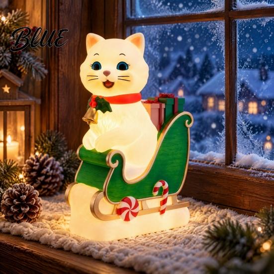 Christmas Cat Night Light Sleigh Light Synthetic Resin Decorative LED Indoor Party Decor USB Powered Lighted Figurine for Festive Holiday Cute Animal