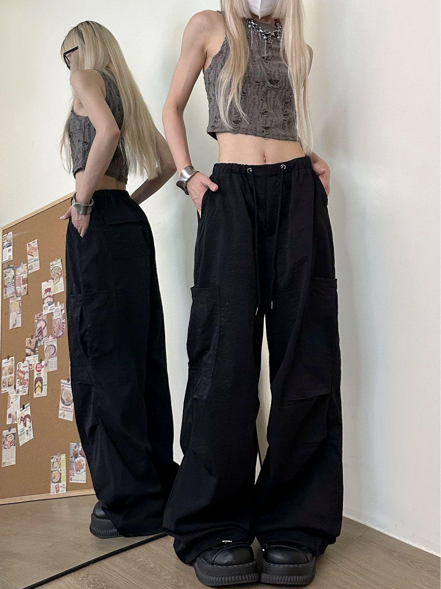 

Женские брюки карго с высокой талией и широкими штанинами - Летние повседневные свободного кроя в стиле парашют XL чёрный