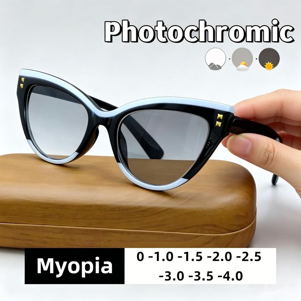 New Cat Eye Rice Nail Photochromic Myopia Glasses Retro Fashion Women's Personalized Anti UV and Anti Blue Light Glasses