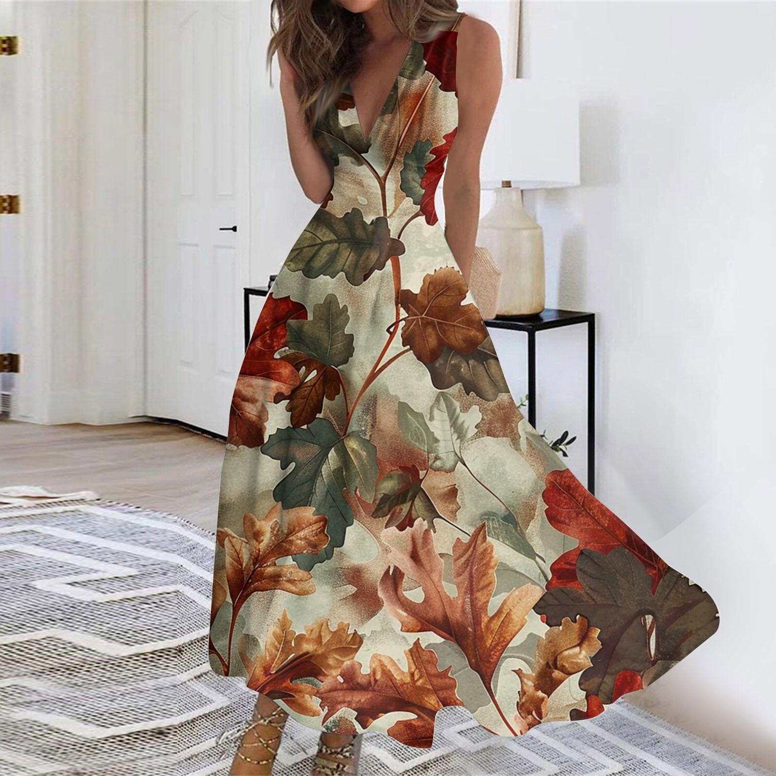 

Женское длинное платье Платье макси Повседневное платье Свободное платье Платье трапециевидной формы Модная уличная одежда Платье без рукавов с v-образным вырезом и принтом даты XL