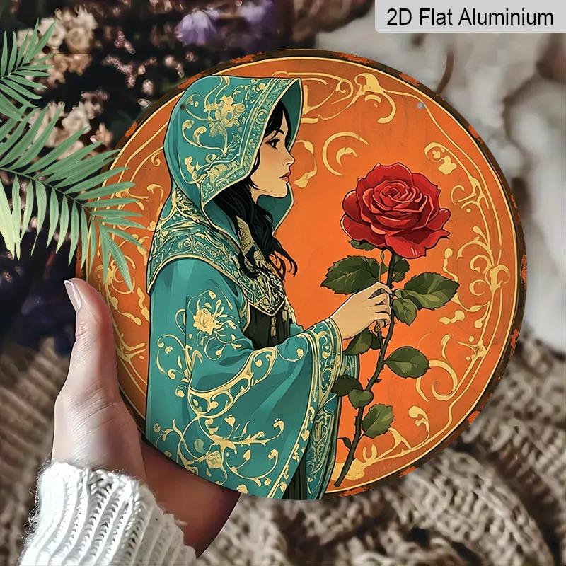 2D Flat Retro Red Rose Women's Wall Hanging Plaque, Aluminum Decorative Sign and Plaque, Various Sizes. Bohemian Ethnic Style Wall Decoration