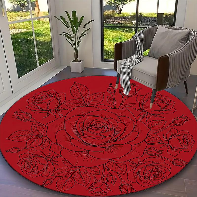 1pc Red Rose Vivid Poppy Printed Chair Rug for Home Office Use, Living Room Kitchen Game Room Round Carpet