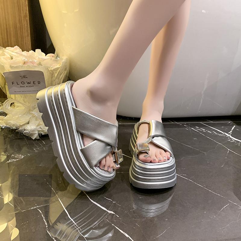 Fashion Aphixta 8cm Platform Slides Sandals Crystal Height Increasing Women's Summer Sandals Chunky Heel Flip Flops Modern Slippers