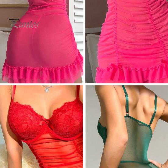 2 Pcs/Set Nightdress Panties Set Spaghetti Strap Backless Sleeveless Nightwear Pleated Transparent Mesh Bow Ruffle Dress Sleepwear Set G-string Set