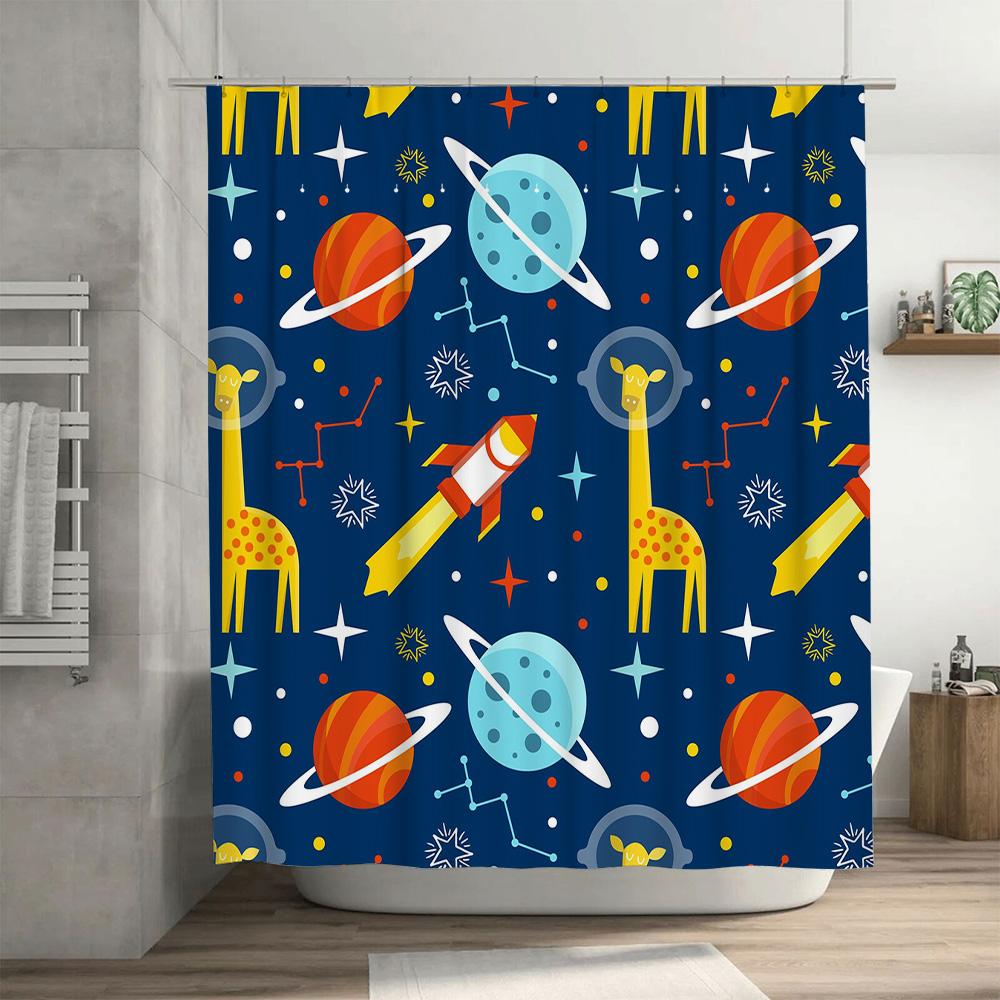 Blue Planet Space Shower Curtain Galaxy Print Bathroom Decor Set for Kids Bathrooms Cartoon Giraffe Rocket Solar System Design (