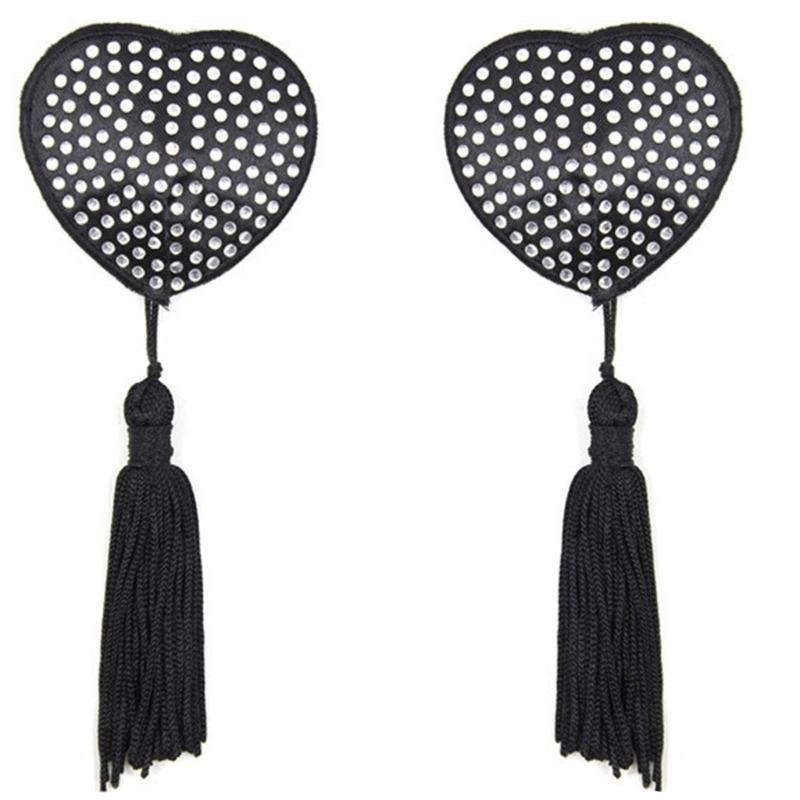 Women Rhinestones Heart Shape Nipple Cover with Tassels Reusable Adhesive Pasties Rave Club Party Breast Pads Sticky Bra