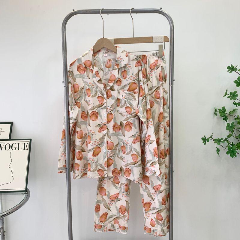 

Long Sleeves Poplin Pajamas Women s Spring and Autumn Thin Two-Piece Suit Sweet Cardigan Artificial Cotton Summer Short-Sleeved Home Wear Pink Orange XL