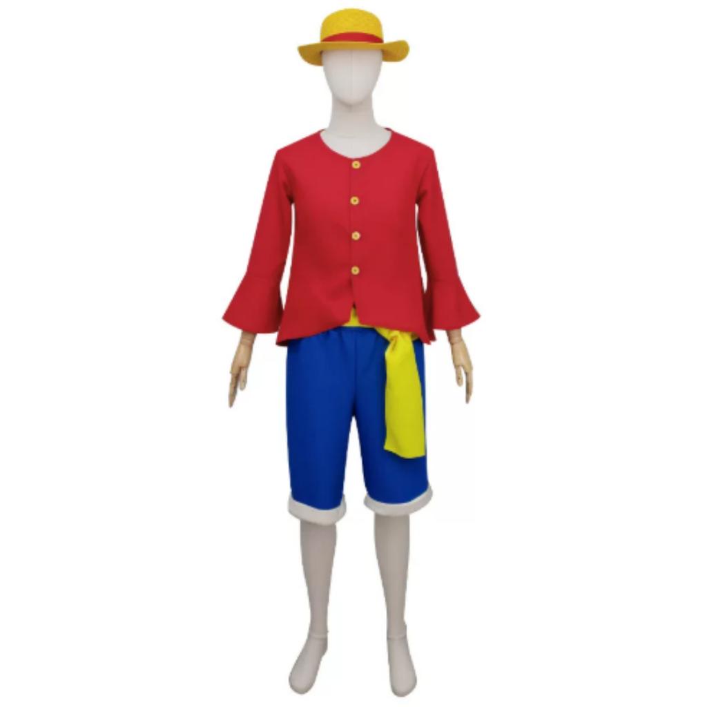 One Piece Monkey D Luffy Cosplay Costume, Red Jacket Blue Pants with Straw Hat, Adult & Kids Anime Role‑Play Halloween Outfit