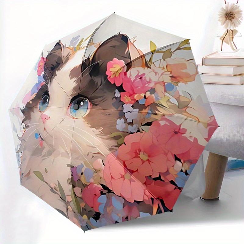 1pc Artistic Appealing Cat & Flowers Fully Automatic Folding Portable Umbrella, 8 Iron Frames, Three-Fold Design, Suitable for All Seasons,