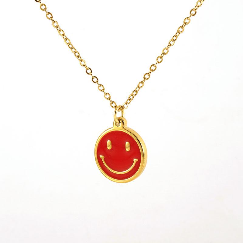 18K Pink Smiley Face Pendant Necklace - Stainless Steel Cartoon Jewelry for Women