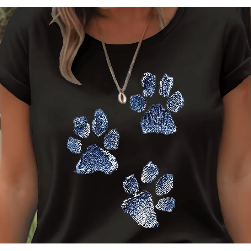 Denim Texture Dog Paw Print Black Cotton Women Short Sleeve TShirt